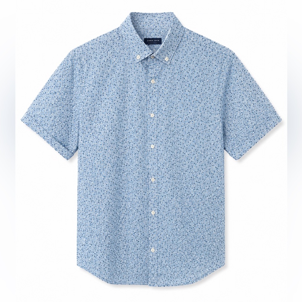 Zara Light Blue Short-Sleeve Button-Down Shirt Slim Fit